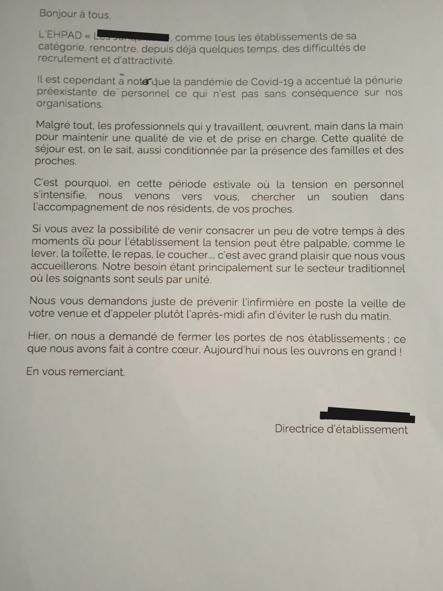 Une amie qui a sa grand mère en #ehpad vient de m'envoyer le courrier que sa mère a reçu de l'ehpad. Oui, vous lisez bien : on demande aux familles de venir aider aux toilettes et au repas !😤🤬😤🤬
La direction ne s'interroge même pas sur le départ de plusieurs aides-soignant-es