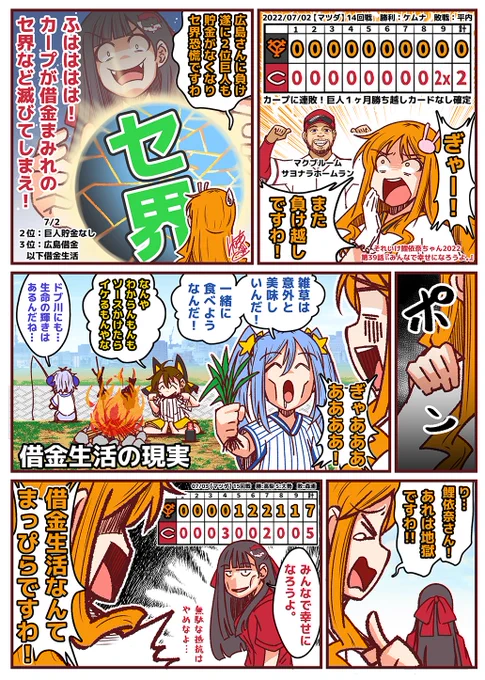 それいけ鯉依奈ちゃん 2022
第39話『みんなで幸せになろうよ。』

パ・リーグとヤクルトに貯金を吸いつくされ、巨人、広島、横浜、阪神、中日の貯金が消滅するセ界恐慌に陥ったセ界。今まで悠々自適の貯金生活を送っていた愛子ちゃんは本当の借金地獄を垣間見るのでした。

#それいけ鯉依奈ちゃん 
