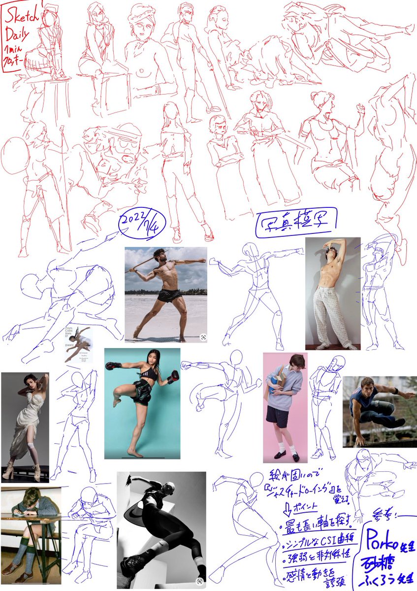 【今日のラクガキ】
アタリを描いてもデッサンを整えると勢いや動きが固くなることが多いので素体の練習。気になってた「ジェスチャードローイング」もやってみた。 