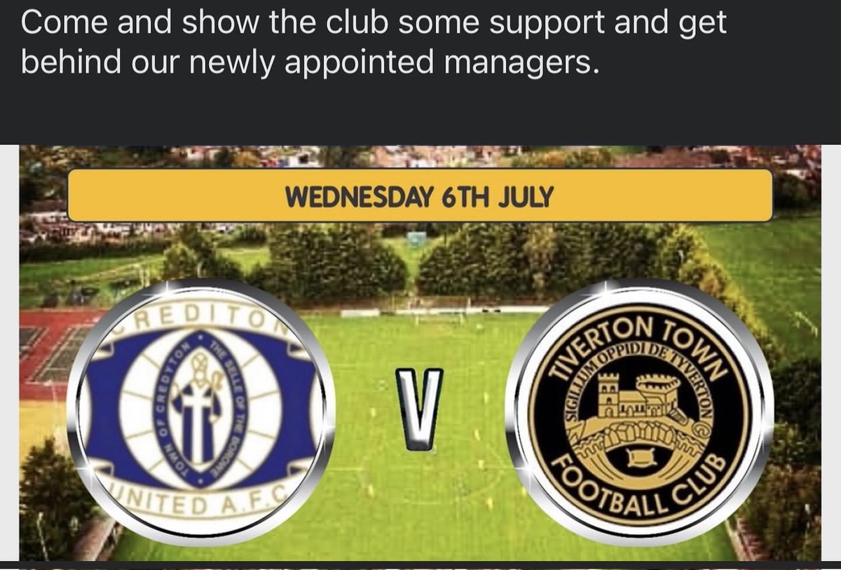 It’s back…. ⚽️WEDNESDAY NIGHT v Tiverton Town⚽️ Reminder for you all, head down to Lords Meadow to watch the first friendly of the season for our First Team. Gates will open from 6:30pm with Kick off at 7:15pm, £4 entry fee and £3 concessions. Card payments and cash welcome.