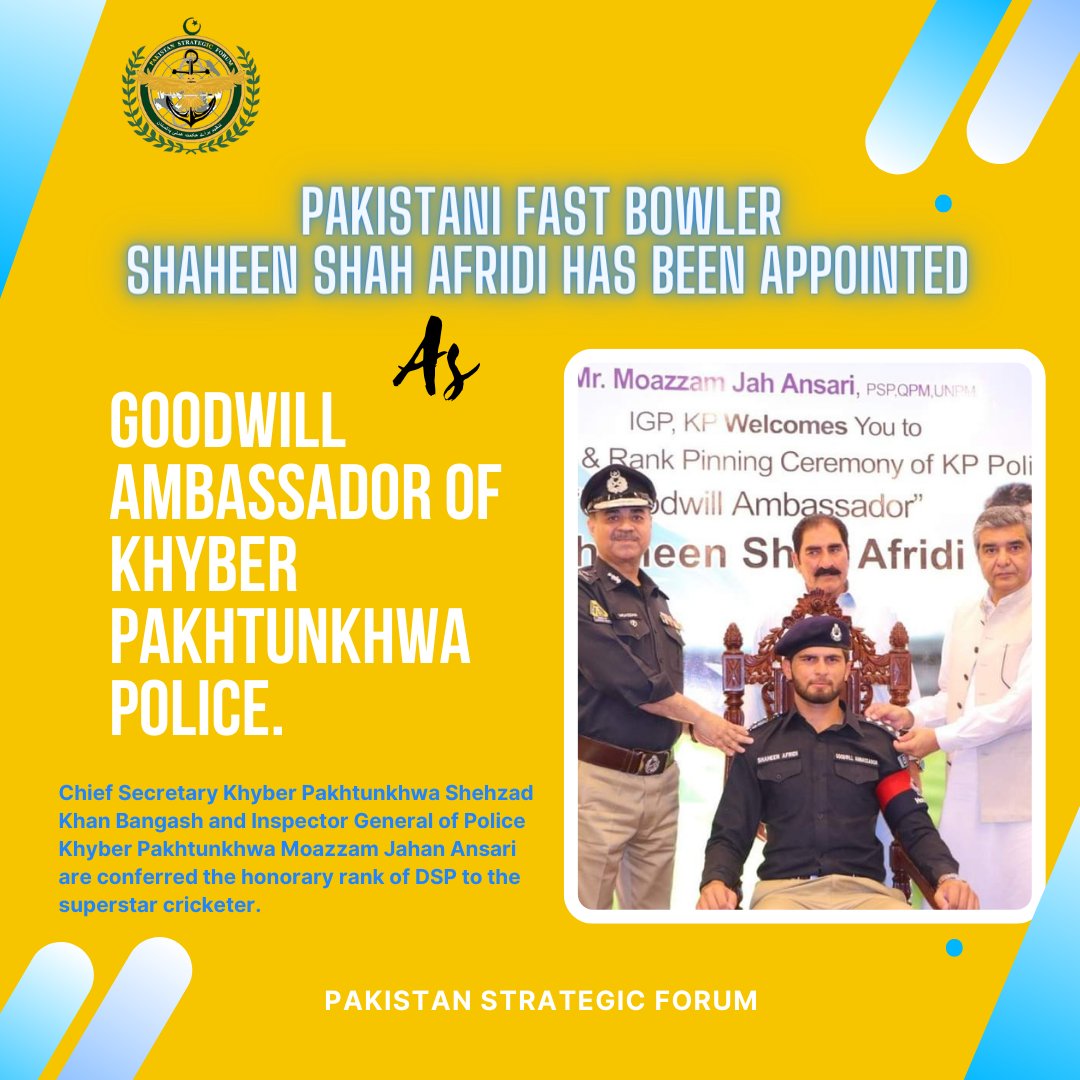Pakistani Fast Bowler @iShaheenAfridi Has been appointed as Goodwill ambassador of @KP_Police1 .

@TheRealPCB 
@TheRealPCBMedia 

#PeacefulPakistan
#EmergingPakistan