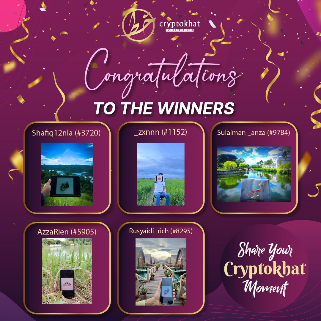 🎉Here are the winners🎉

<a href="/_zxnnn/">zxnnn_</a>
<a href="/AzzaRien/">*A-Z-Z-A*</a>
<a href="/rusyaidi_rich/">Rusyaidi_Rich</a>
<a href="/Sulaiman_Anza/">Sulaiman J. S. AbuAnza</a>
@shafiq12nla via IG

Congrats to the 5 holders! Check your Metamask account via OpenSea for the surprise 🥳 If you didn’t win, no worries, more contests will be held soon in shaa Allah~

#nft #nfts #opensea