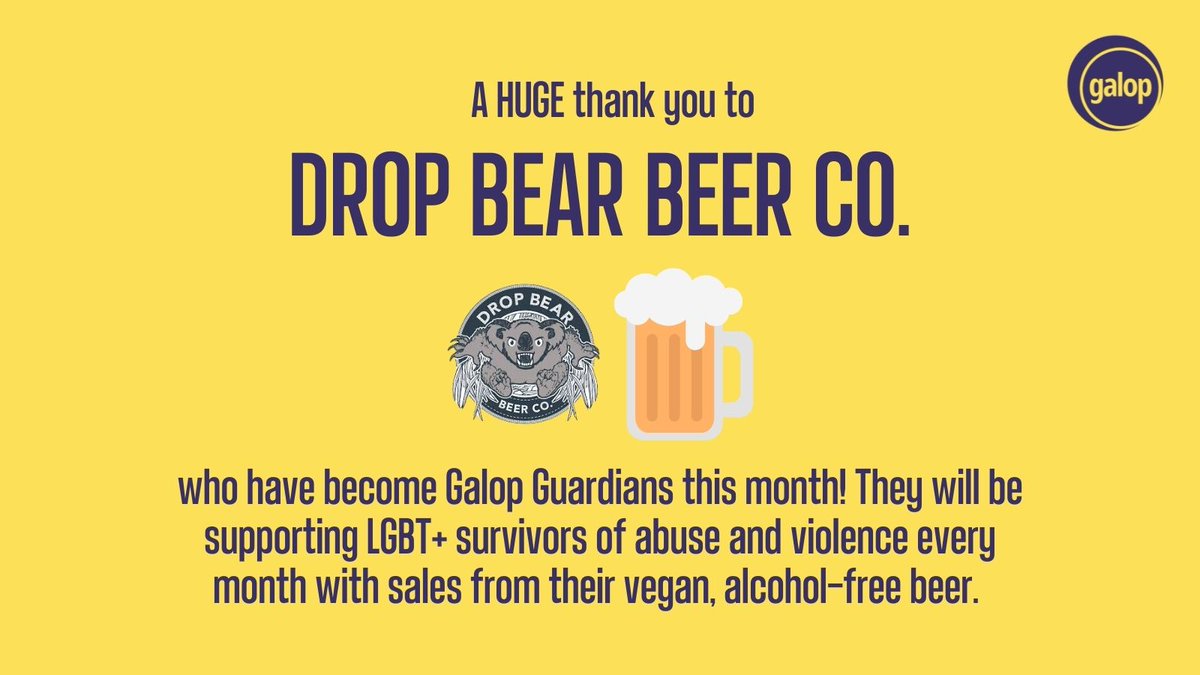 GalopUK's tweet photo. Delighted to announce our latest Galop Guardians @DropBearBeer! 🌈🍺

They will be supporting LGBT+ survivors of abuse and violence every month with sales from their vegan, alcohol-free beer. 

https://t.co/cjwf9MibUx https://t.co/bccKGRyBMx