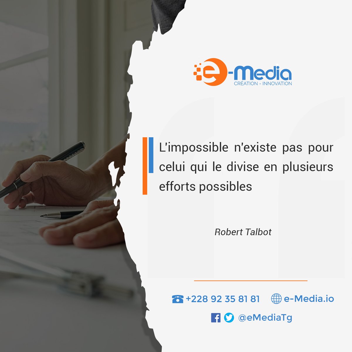 eMediaTg's tweet photo. Une nouvelle semaine s’annonce, alors n’oubliez pas que vous petits efforts de tous les jours rendent possible l’impossible que vous aviez imaginé.

Agréable semaine à tous.
Suivez nous ici 👉👉👉  https://t.co/P95gqv8MA7
#eMediaAttitude
#NouvelleSemaine https://t.co/xcPn27XDtH