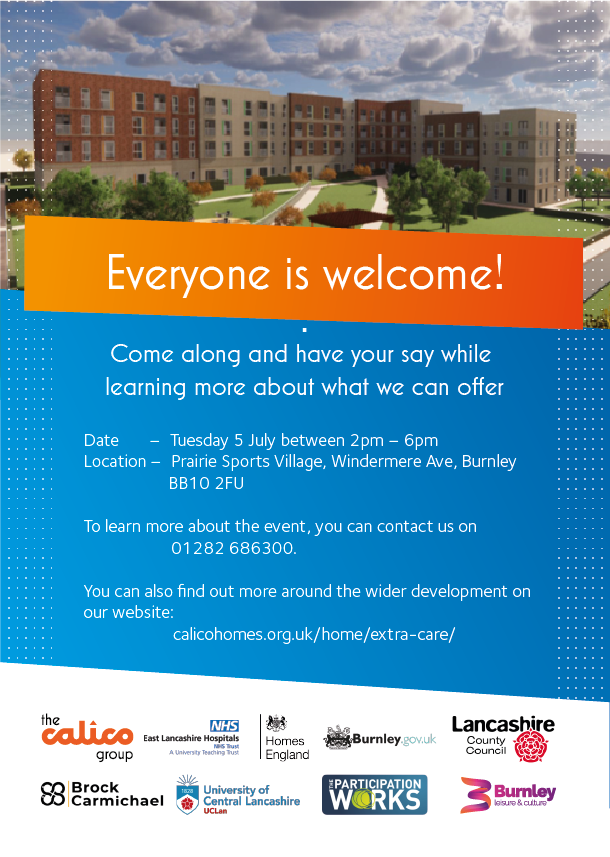 Calico_Group's tweet photo. We're hosting a special event at The Prairie Sports Village in Burnley tomorrow, (5th July) 2pm-6pm, to showcase details of a brand new extra care housing project.  

No need to book, just pop in anytime, everyone is welcome! https://t.co/4Rj6Vmamfe
