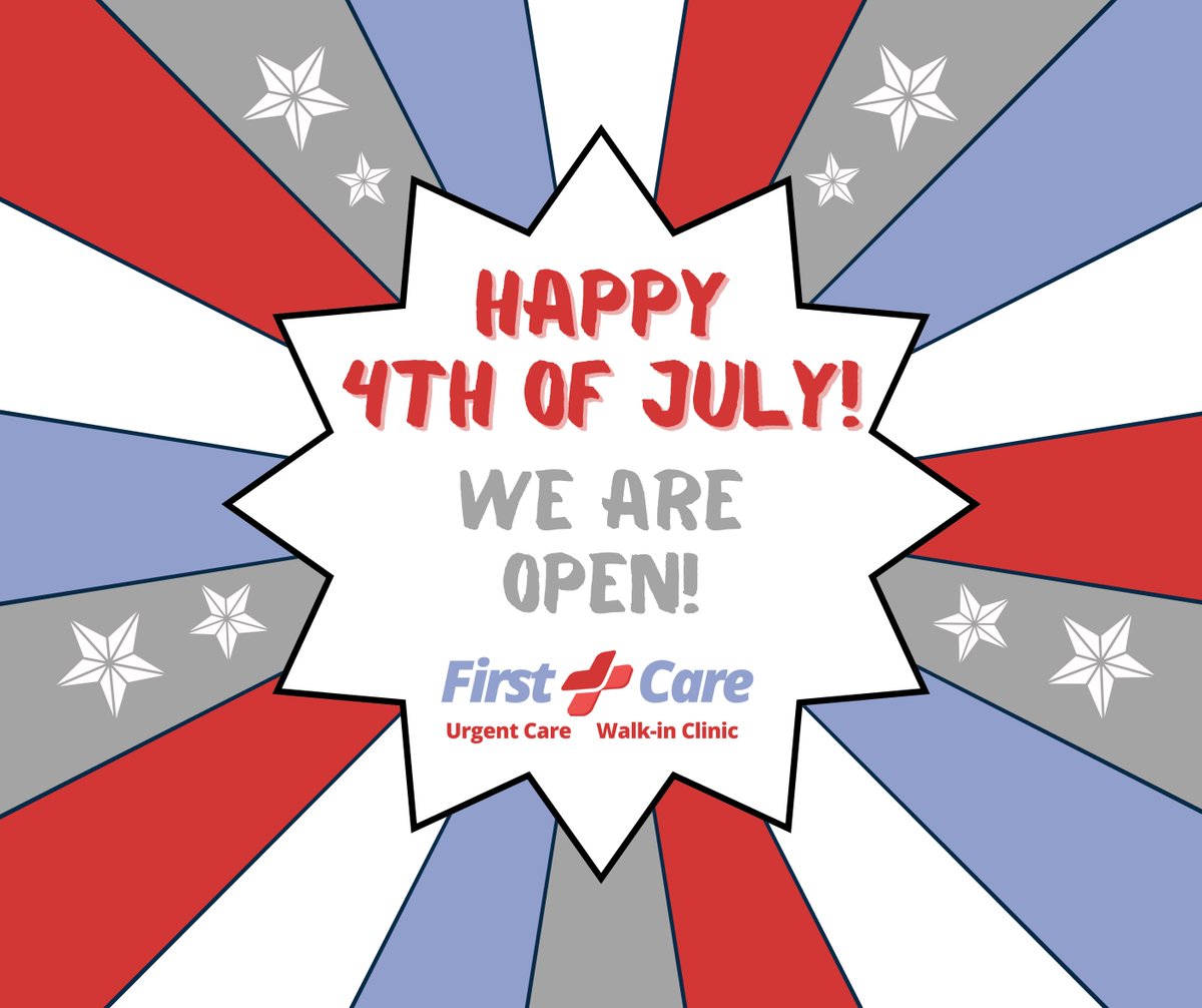 FirstCare123's tweet photo. Happy 4th of July from all of us at First Care! We hope you have a wonderful day with friends and family! We will be open normal hours today from 8 am to 8 pm if you need us. 💓💙 https://t.co/9gmOLqkE99