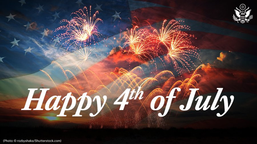 Happy 4th of July graphic, with an unfurled American flag fading into bright orange fireworks and a white State Department seal in the upper right corner.