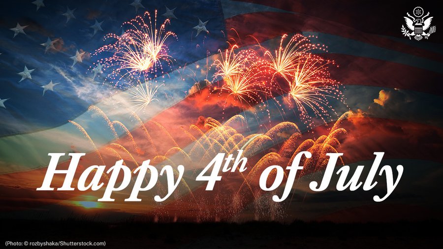 Happy 4th of July graphic, with an unfurled American flag fading into bright orange fireworks and a white State Department seal in the upper right corner.