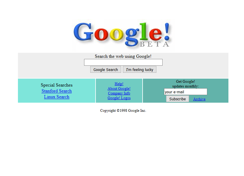 WebDesignMuseum's tweet photo. Early versions of websites of major Internet companies

– Google in 1998 
– Facebook in 2004
– YouTube in 2005
– Twitter in 2006

#WebDesignHistory https://t.co/rWUKeDU1F2