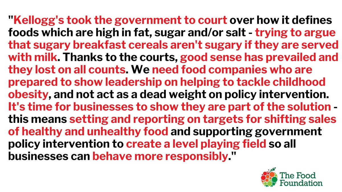 Food_Foundation's tweet photo. 'We need food companies who are prepared to show leadership on helping to tackle childhood obesity, and not act as a dead weight on policy intervention'

Our reaction to #Kellogg's losing its court case against @GOVUK 
https://t.co/4eHf11oG2W
#Obesity #CostOfLivingCrisis #HFSS https://t.co/tf3KpyChTU