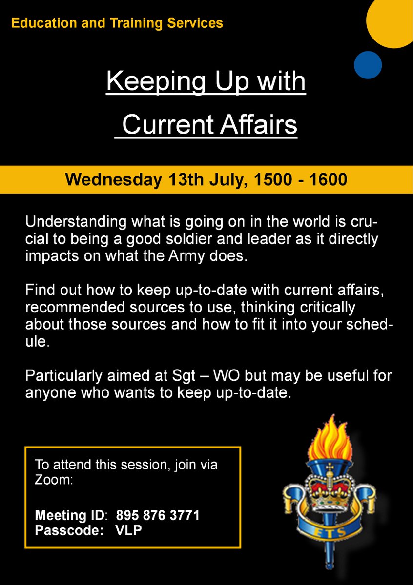 Army HIVE (@armyhiveinfo) on Twitter photo <a href="/ArmyEducators/">Army Educational and Training Services</a> Keeping Up with Current Affairs Virtual Session 📆 13 July
Understanding what is going on in the world is crucial to being a good soldier and leader as it directly impacts on what the Army does.
#armyhiveinfo #currentaffairs #BritishArmy <a href="/ArmyEducators/">Army Educational and Training Services</a> Keeping Up with Current Affairs Virtual Session 📆 13 July
Understanding what is going on in the world is crucial to being a good soldier and leader as it directly impacts on what the Army does.
#armyhiveinfo #currentaffairs #BritishArmy