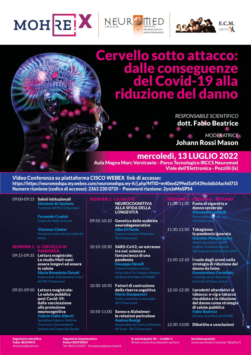 Si svolgerà mercoledì, 13 luglio 2022 dalle ore 9:00 il #corsoecm organizzato in collaborazione con MOHRE Mediterranean Observatory of Harm REduction e dedicato al tema delle relazioni che intercorrono tra il nostro cervello e il covid-19. #mohre #corsoecm #formaizonegiornalisti