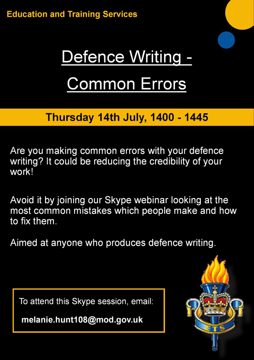 @ArmyEducators Defence Writing - Common Errors Virtual Session 📆 14 July Aimed at anyone who produces defence writing #armyhiveinfo #BritishArmy #defence #writing