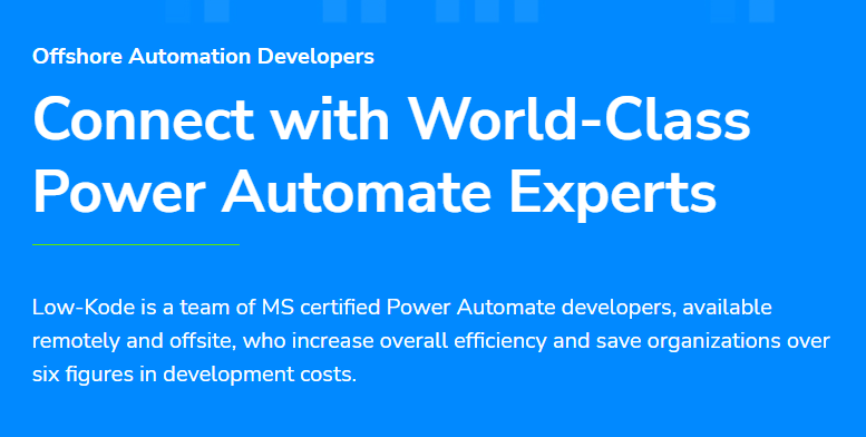 LowKode1's tweet image. Low-Kode is a team of MS Certified Power Automate developers, available remotely and off-site, who increase overall efficiency and save organizations over six figures in development costs.
#PowerAutomateDevelopers #PowerAutomateResources #hirepowerautomatedevelopers #lowcode