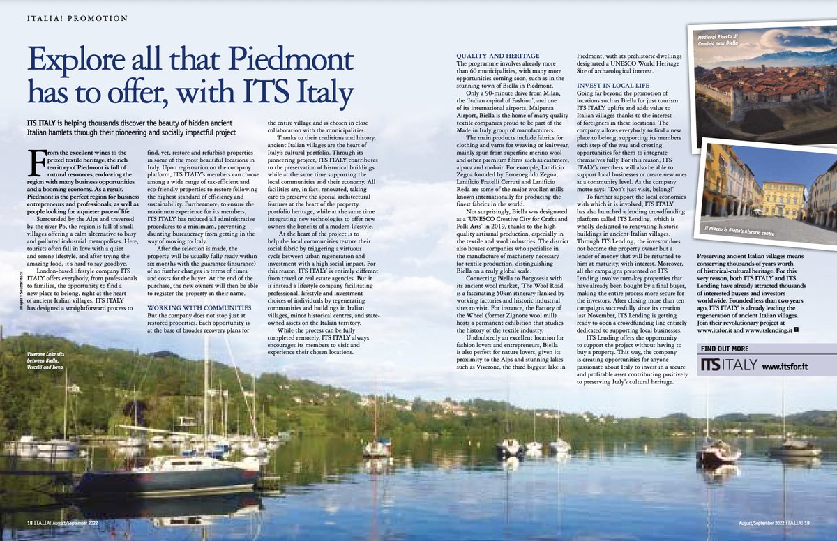 Explore all that #Piedmont has to offer, with ITS ITALY. ITS ITALY is featured on the latest special of ITALIA! Magazine out now - focus on Piedmont -. Join our revolutionary approach to visit, move or buy a property in Italy. Don't just visit, Belong!

#italy #regeneration