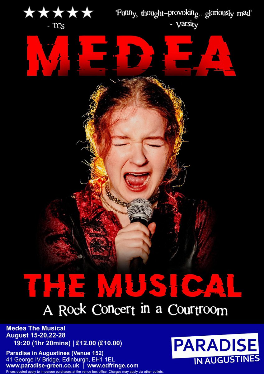 Medea The Musical (@medeathemusical) on Twitter photo <a href="/thespiananproud/">Thespianandproud</a> <a href="/ExpiAtro/">EXPiAL ATROCiOUS</a> <a href="/edfringe/">Edinburgh Festival Fringe</a> Hey! If you know anyone who likes modern musicals with dark humour and catchy songs, they’ll love us!
Check out this rock concert in a courtroom from ✨15-28th August✨ at Paradise Green during #EdFringe 💖
We promise it’s a killer night out 😉 <a href="/thespiananproud/">Thespianandproud</a> <a href="/ExpiAtro/">EXPiAL ATROCiOUS</a> <a href="/edfringe/">Edinburgh Festival Fringe</a> Hey! If you know anyone who likes modern musicals with dark humour and catchy songs, they’ll love us!
Check out this rock concert in a courtroom from ✨15-28th August✨ at Paradise Green during #EdFringe 💖
We promise it’s a killer night out 😉