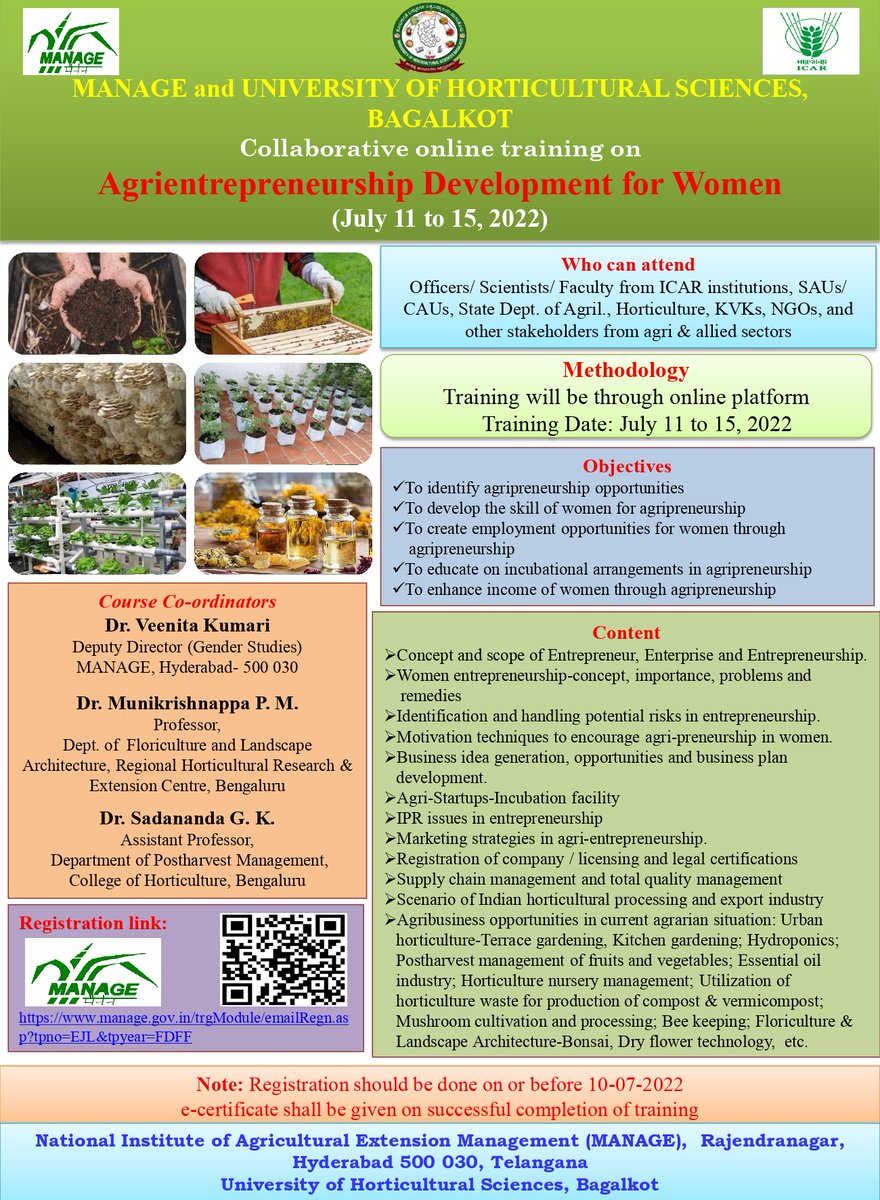 CgaManage's tweet photo. MANAGE and University of Horticultural Sciences, Bagalkot, Bengaluru, collaborative online training program
Date: 11-15 July 2022
Register : https://t.co/3Ss4Z0Dbem
For details , visit https://t.co/TJVQqutu5q
@manage1987india @WiAScot @USAIDGender https://t.co/geYATqLJ7X