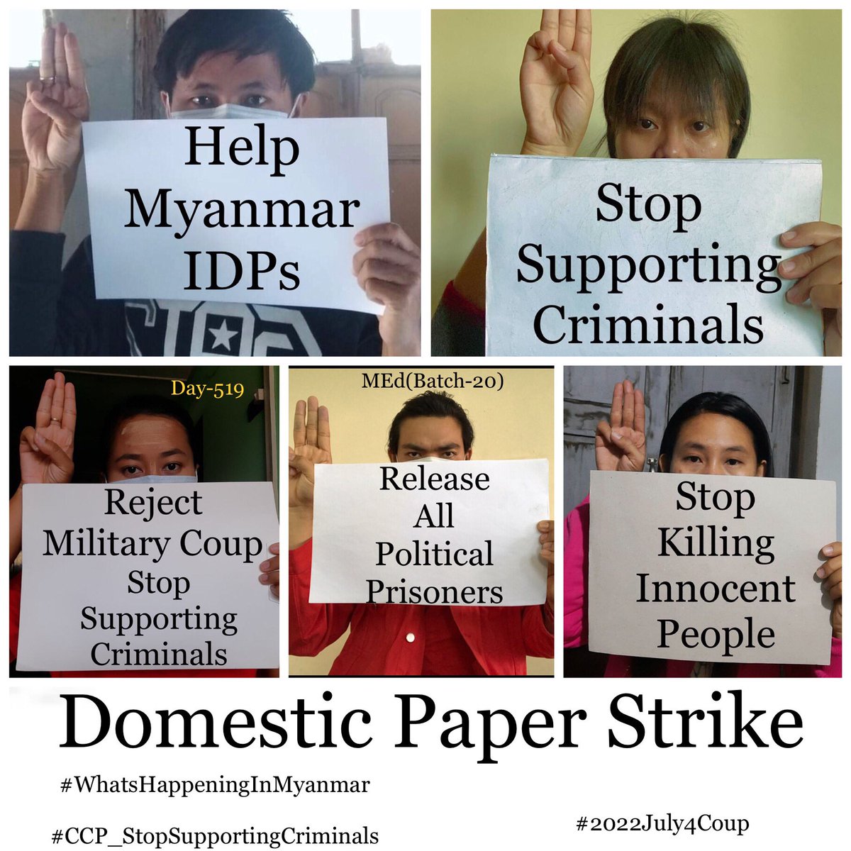 5 CDMer teachers, MEd [Batch-20], from Sagaing University of Education staged an anti-coup revolutionary domestic strike as 519th day without a day off.  #2022July4Coup #WhatsHappeningInMyanmar #CCP_StopSupportingCriminals