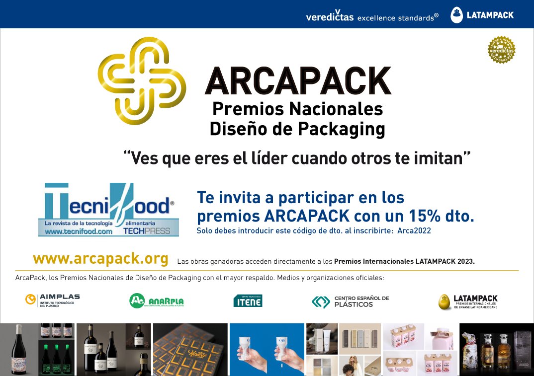 Tecnifood's tweet photo. Si quieres participar en los Premios Nacionales de Diseño de Packaging #ARCAPACK 2022, organizados por @veredictas, @Tecnifood, medio colaborador, te ofrece un descuento del 15% en la inscripción #Diseño #Packaging #FoodTech
https://t.co/2UW2RpZZxh https://t.co/aqLYRpZXs9