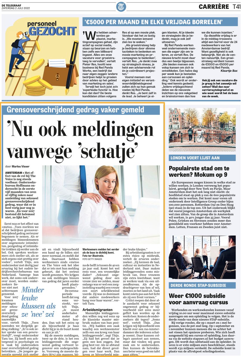 Zaterdag stond er een artikel in <a href="/telegraaf/">De Telegraaf</a> waar onze collega onderzoekers Thijs en Tara aan hebben mee gewerkt. Zij delen hun ervaring tijdens de #ongewenstgedrag onderzoeken. Alleen dit jaar hebben we al ruim 50 onderzoeken mogen opstarten. 
#grensoverschrijdendgedrag #MeToo