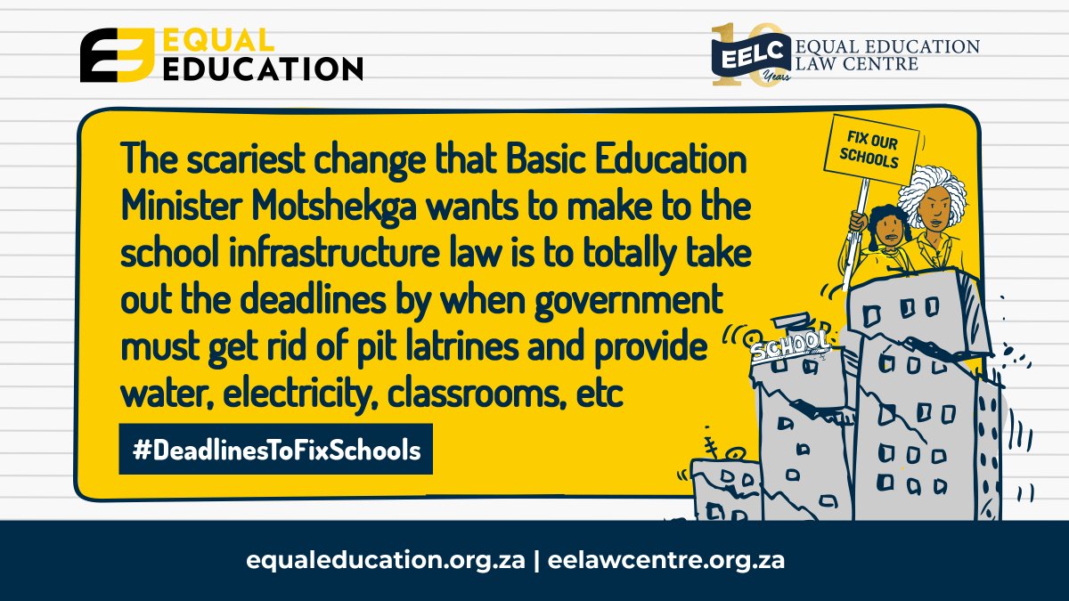 The scariest change that Basic Education Minister Motshekga wants to make to the school infrastructure law is to totally take out the deadlines by when government must get rid of pit latrines and provide water, electricity and classrooms. #DeadlinesToFixSchools