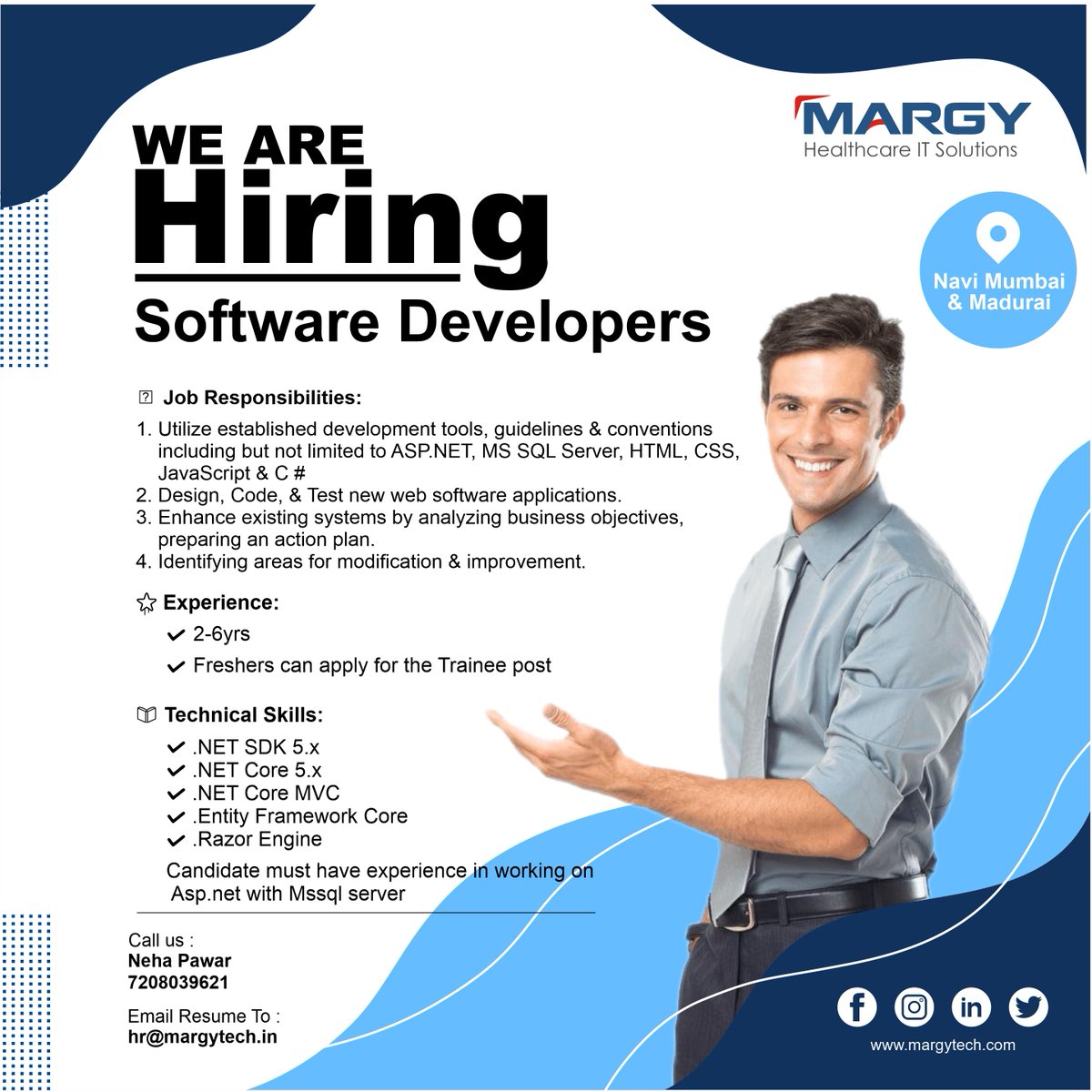 TechMargy's tweet photo. Hiring, Software developers,
We are an IT company, serving to Healthcare domain,
To know more visit -www.margytech.com
Contact no.- 7208039621
#urjenthiringdevelopers #hirnigexperience #softwaredeveloper #freshersoftwaredeveloper #experiencesoftwaredeveloper #softwaredeveloperjob https://t.co/ceEiwXJ6P3