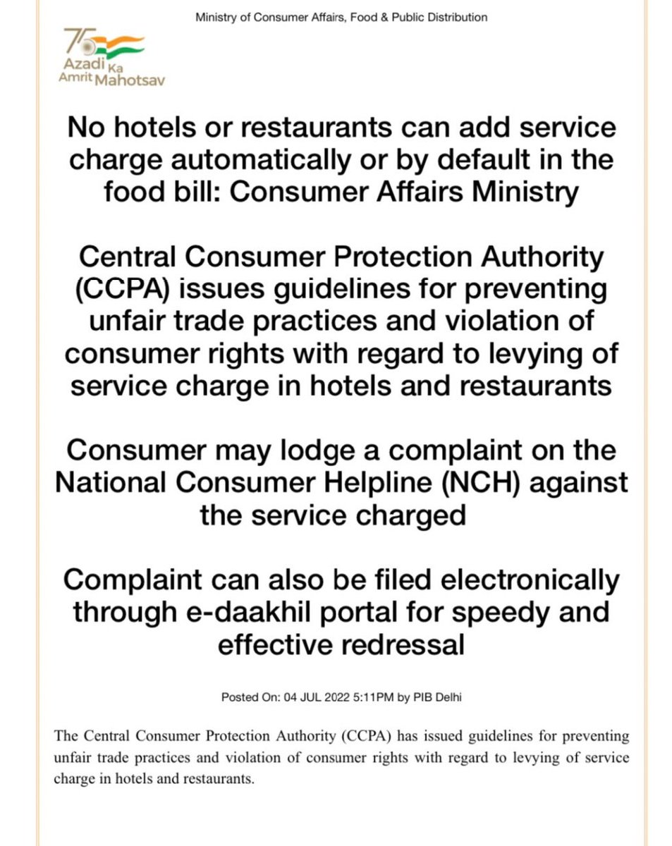 Gautam_Adv28's tweet photo. No hotels or restaurants can add service charge automatically or by default in the food bill: Consumer Affairs Ministry https://t.co/0g002TUBkW