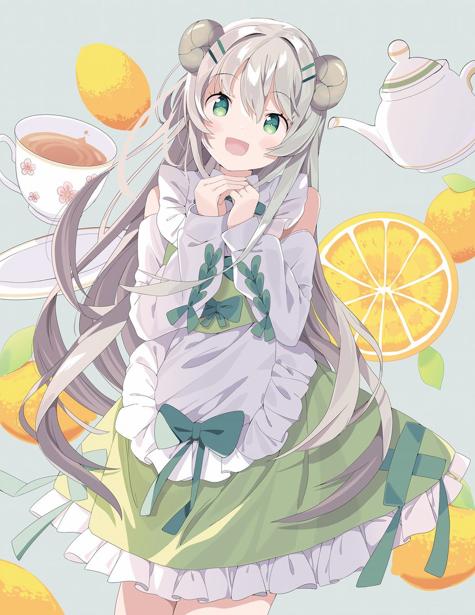 1girl solo teacup horns long hair green eyes cup  illustration images