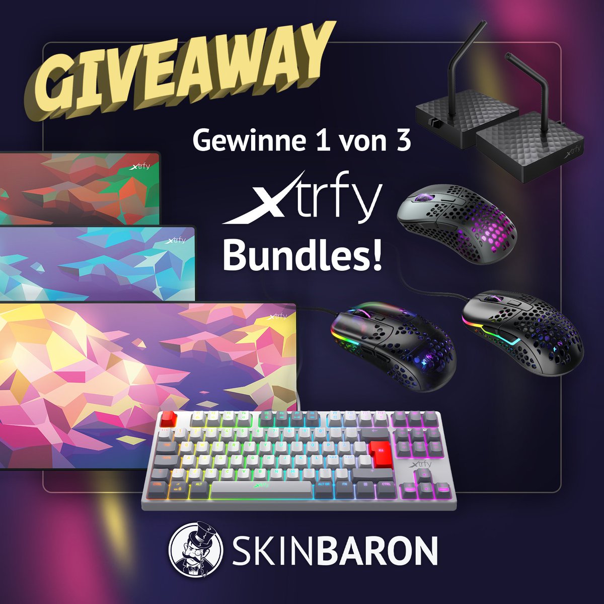 SkinBaronDE's tweet image. Seit Neuestem gibt es Gaminggear auf SkinBaron 🤩

Heute könnt ihr 1 von 3 @Xtrfy Bundles gewinnen! 🥳

Das musst du dafür tun:
✅Folge @SkinBaronEN und @SkinBaronDE
✅Retweet
✅Markiere 2 Freunde

⬇️Die Bundles findet ihr in den Kommentaren⬇️

Das Giveaway endet am 14.07.2022⏰
