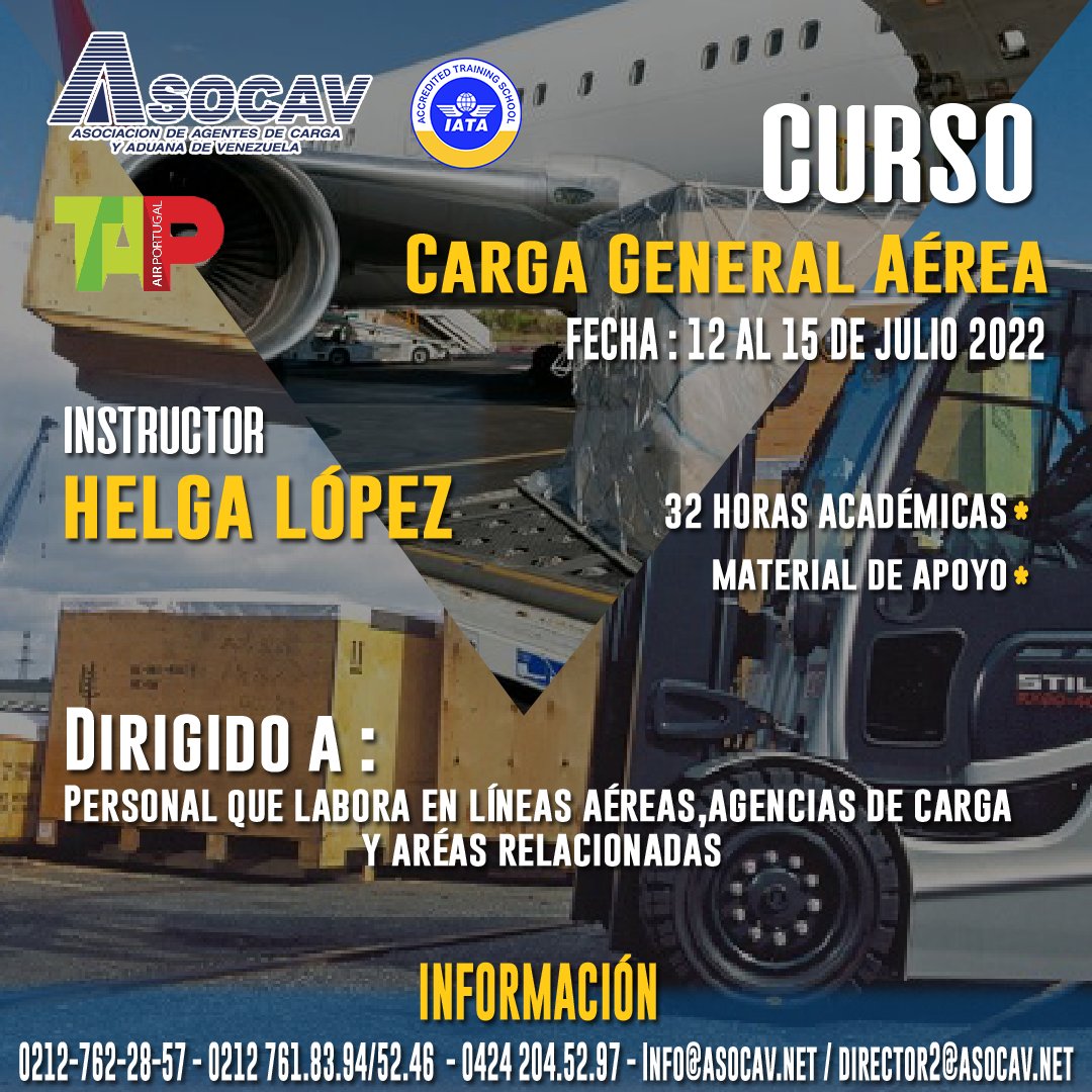 ASOCAV1's tweet photo. QUEDAN POCOS CUPOS.
Información y costo:
info@asocav.net / director2@asocav.net
(0212) 762.28.67 - 0424.204.52.97
¡Cupos limitados!
#CARGAGENERAL #AEREA #ASOCAV #CURSO #VENEZUELA #ADUANAS #TAP https://t.co/JE8UWH4zcD