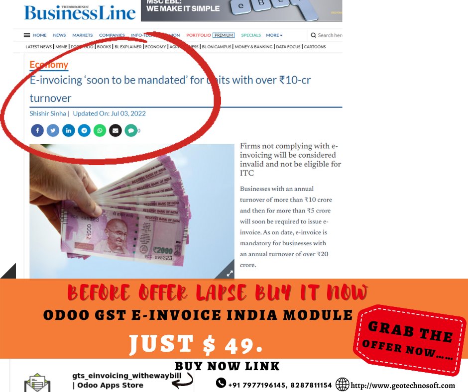GeoTechnosoft's tweet photo. ODOO GST E-INVOICE INDIA Module just $ 49
 grab the opportunity before lapse . Get attention on Image also.
+91 7977196145
https://t.co/hnE7PVRbag
saurav@geotechnosoft.com
#odoo #erp #odooerp #erpsystem #erpsoftware #odooopensource #einvoicing #erp #erpsolutionso #geotechnosoft https://t.co/d1r4ygDYDs