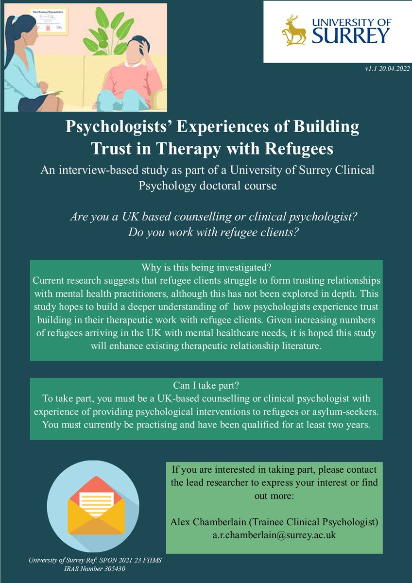 ⭐️Still recruiting!⭐️
Hello, I’m recruiting UK-based Counselling and Clinical Psychologists with experience of working with refugees/asylum seekers. Please read the poster below and consider getting in touch!