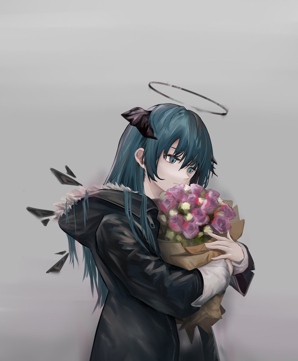 mostima (arknights) solo 1girl halo bouquet horns flower long hair  illustration images