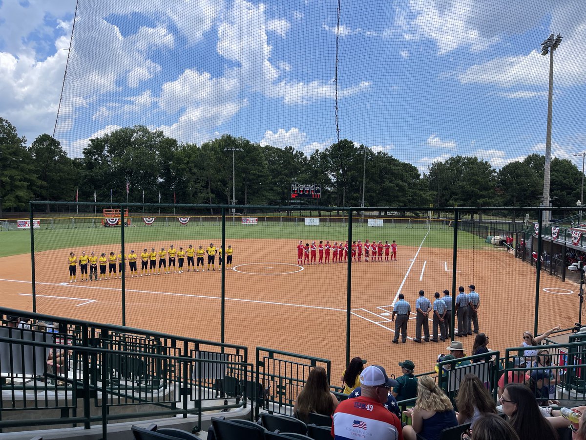 CountrysBBQ's tweet photo. The South Commons as it should be. Teams from Japan and Australia introduced before a little softball completion. Columbus will always be home of the ‘96 games. https://t.co/kFQiTy15RU