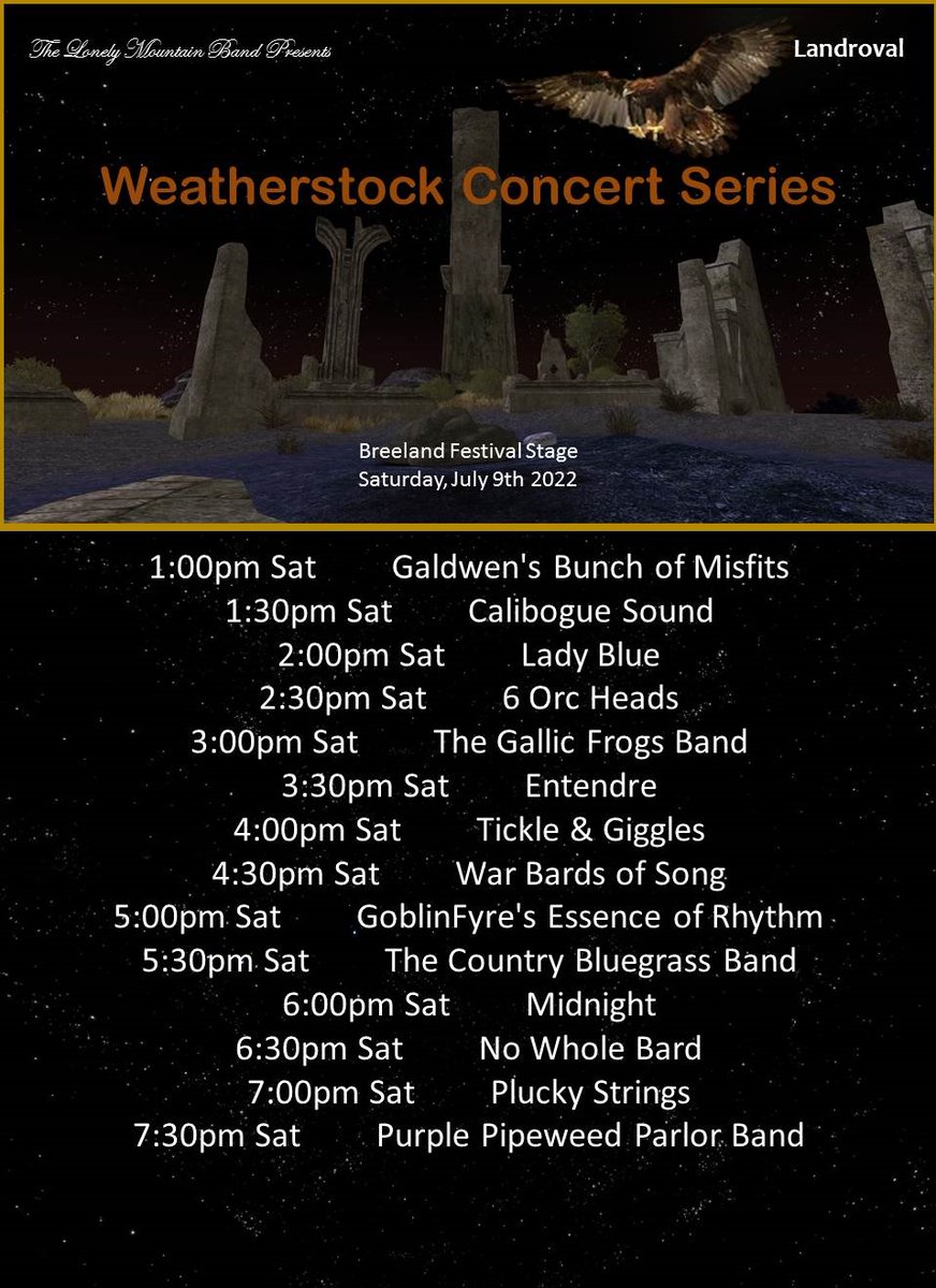 alesandtales's tweet photo. Here are the schedules for Weatherstock Concert Series this weekend! #lotro #landroval #weatherstock https://t.co/W0EmONKzgK