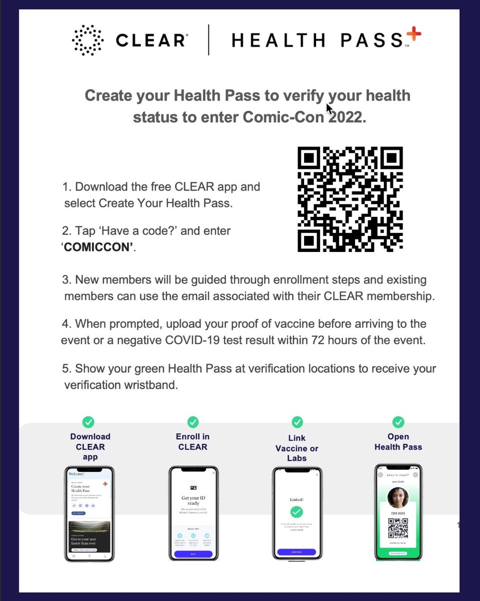Use CLEAR Health Pass to get into Comic-Con faster and safer. Download the free app and sign up today to complete your health screening before you arrive. #SDCC2022