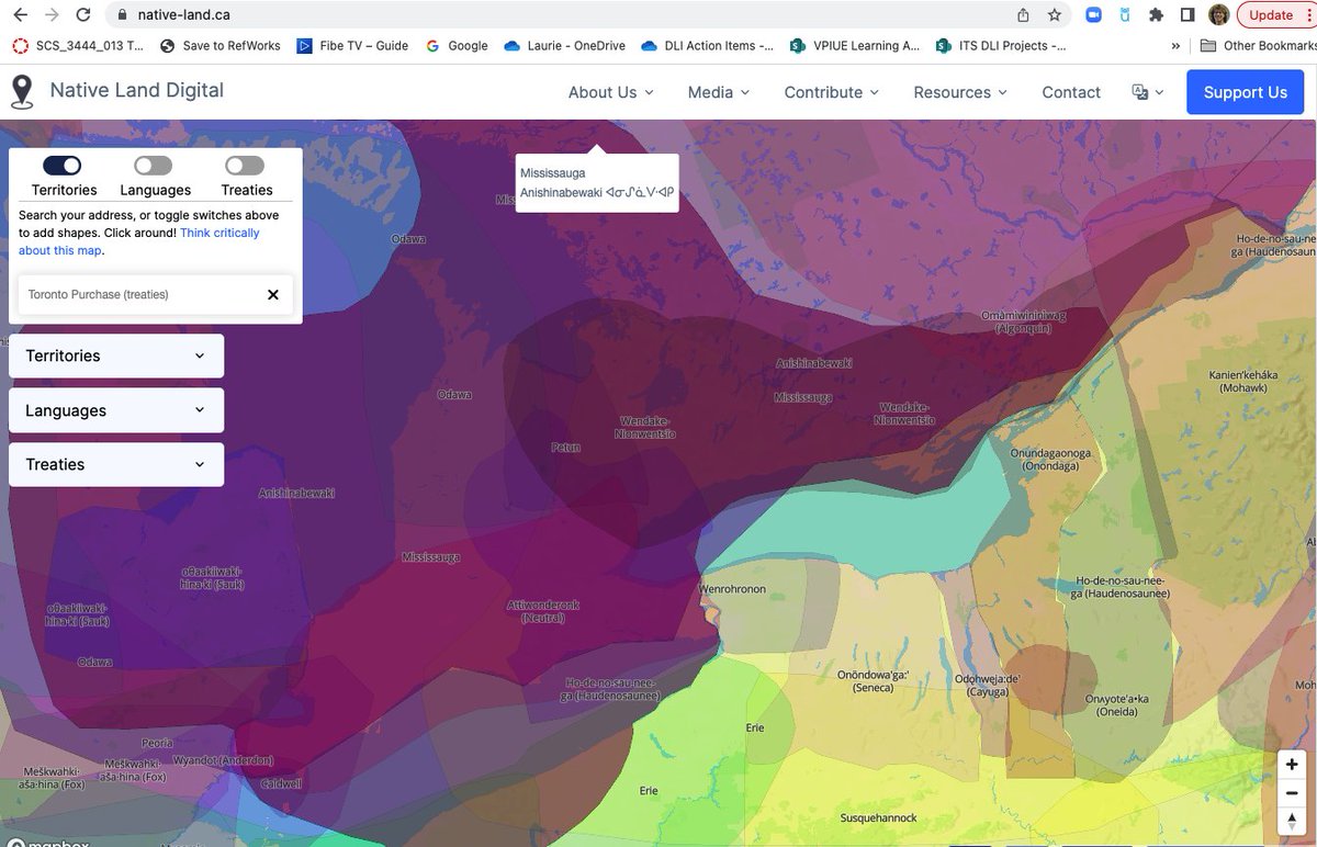 IT4Learning's tweet image. Exploring ideas for using a map as part of land acknowledgement. Goal of native-land.ca is  "enhancing the visibility and strength of Indigenous history." A different view of southern Ontario...