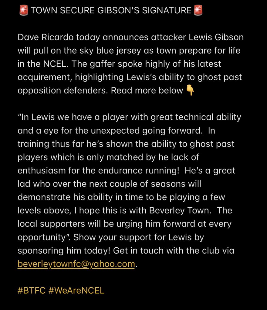 💥GIBSON SIGNS💥

Welcome to Beverley Town Lewis🔵⚪️