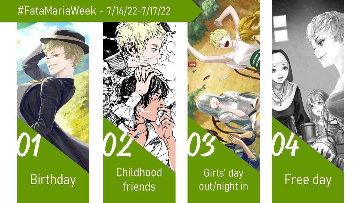 fata_mariaweek's tweet photo. The votes are in! Here are the prompts for #FataMariaWeek, starting on Maria's birthday (7/14) and lasting for a half-week. We're looking forward to celebrating Maria together! 💚
#TheHouseInFataMorgana #ファタモル #ファタモルガーナの館 #fatamoru https://t.co/Fa6xIHc6gn