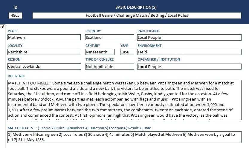 R_McBrearty's tweet photo. Love this @OriginsScotland database entry. Local teams playing an organised match in front of a decent crowd.  Methven mounts a counter attack (coup-de-main) and wins by sending the ball “hail, direct through the winning posts." The stake money was handed to the local infirmary. https://t.co/d9cSOgi2CD