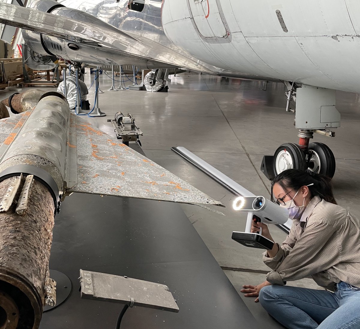 L_DiVito's tweet photo. Ingenium Digital Innovation Lab students, Emily &amp; Max, at the Canada Aviation and Space Museum 3D scanning aircraft. This Delta Test Vehicle was recovered from the bottom of Lake Ontario as part of the Raise the Arrow initiative. 
#artifact #museum #AvroArrow #Avro #3D #digital https://t.co/Zow6v4xVSk