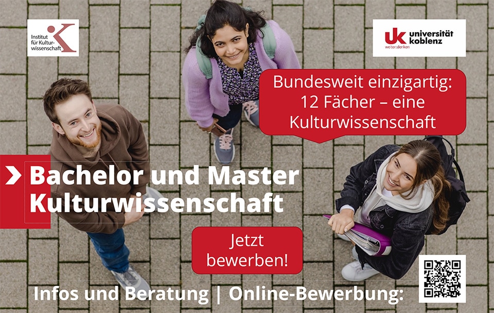 Koblenzer Kulturwissenschaft (@kuwikoblenz) on Twitter photo Bachelor und Master haben einzigartige Konzepte und bieten viele Gestaltungschancen, um sich Wissen und Können für etliche Berufsfelder anzueignen.
Es gibt keine Zugangsbeschränkung, Bewerbungen bis Ende September möglich.
Beratung? Schuppern? Kontakt: kuwiko@uni-koblenz.de Bachelor und Master haben einzigartige Konzepte und bieten viele Gestaltungschancen, um sich Wissen und Können für etliche Berufsfelder anzueignen.
Es gibt keine Zugangsbeschränkung, Bewerbungen bis Ende September möglich.
Beratung? Schuppern? Kontakt: kuwiko@uni-koblenz.de