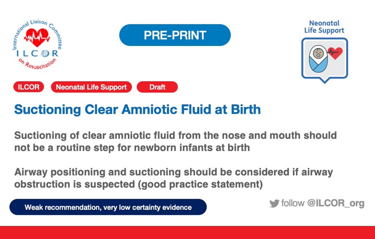 Ilcor_org's tweet photo. Oral &amp; nasal suctioning of clear (non meconium stained) amniotic fluid in newborn babies should not routinely be performed; there is no demonstrable benefit &amp; potential for unmeasured harm, especially if resuscitation initiation is delayed in those who need it. /1 https://t.co/WWW3EY6qqc