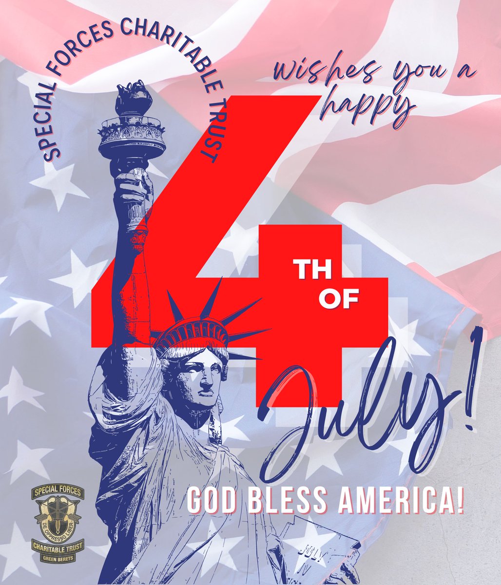 TheSFTrust's tweet photo. Special Forces Charitable Trust would like to wish you a safe and happy 4th of July! Happy Independence Day!
#happyforth https://t.co/1wVif7EDjZ