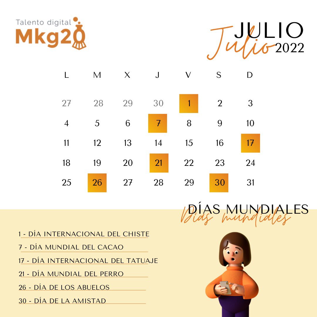 🗓️Comienza #Julio y aquí os dejamos algunas fechas para planificar el mes👇🏻

1 de Julio - Día Internacional del Chiste 🤣
7 de Julio - Día Mundial del Cacao 🍫
17 de Julio - Día Internacional del tatuaje 🖊️
21 de Julio - Día Mundial del Perro 🐶
30 de Julio - Día de la Amistad 🫂