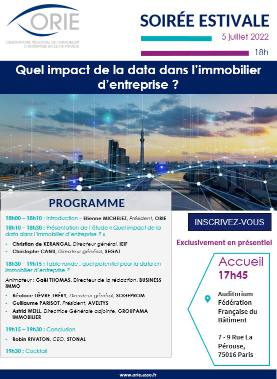 J-1 Soirée estivale de l'ORIE
Le 5 juillet 2022 à 18h, l'ORIE présentera les résultats de son étude sur la data à la FFB. L'évènement sera suivi par un moment d'échanges autour d'un cocktail.
Inscription sur ce lien :orie.asso.fr/inscription_ma…
#data #immobilier #innovation