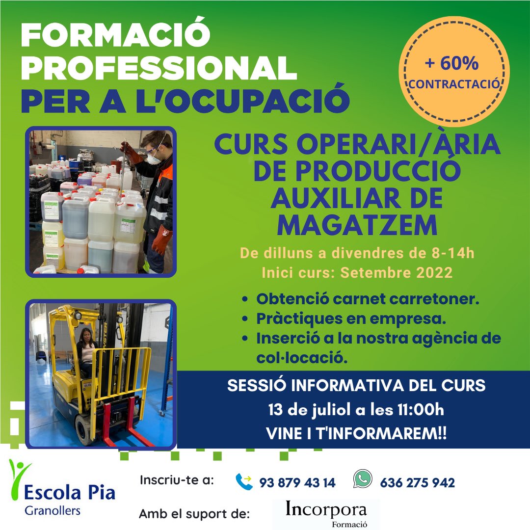 FPescolapiaGrn's tweet photo. Nou curs #operari #producció #magatzem 
Inici al setembre. Formació subvencionada de matí.

Truca’ns o envia’ns un whatsapp per reservar la teva plaça o per assistir a la propera sessió informativa del curs. 
@epiagranollers https://t.co/kVwzfZH5F9