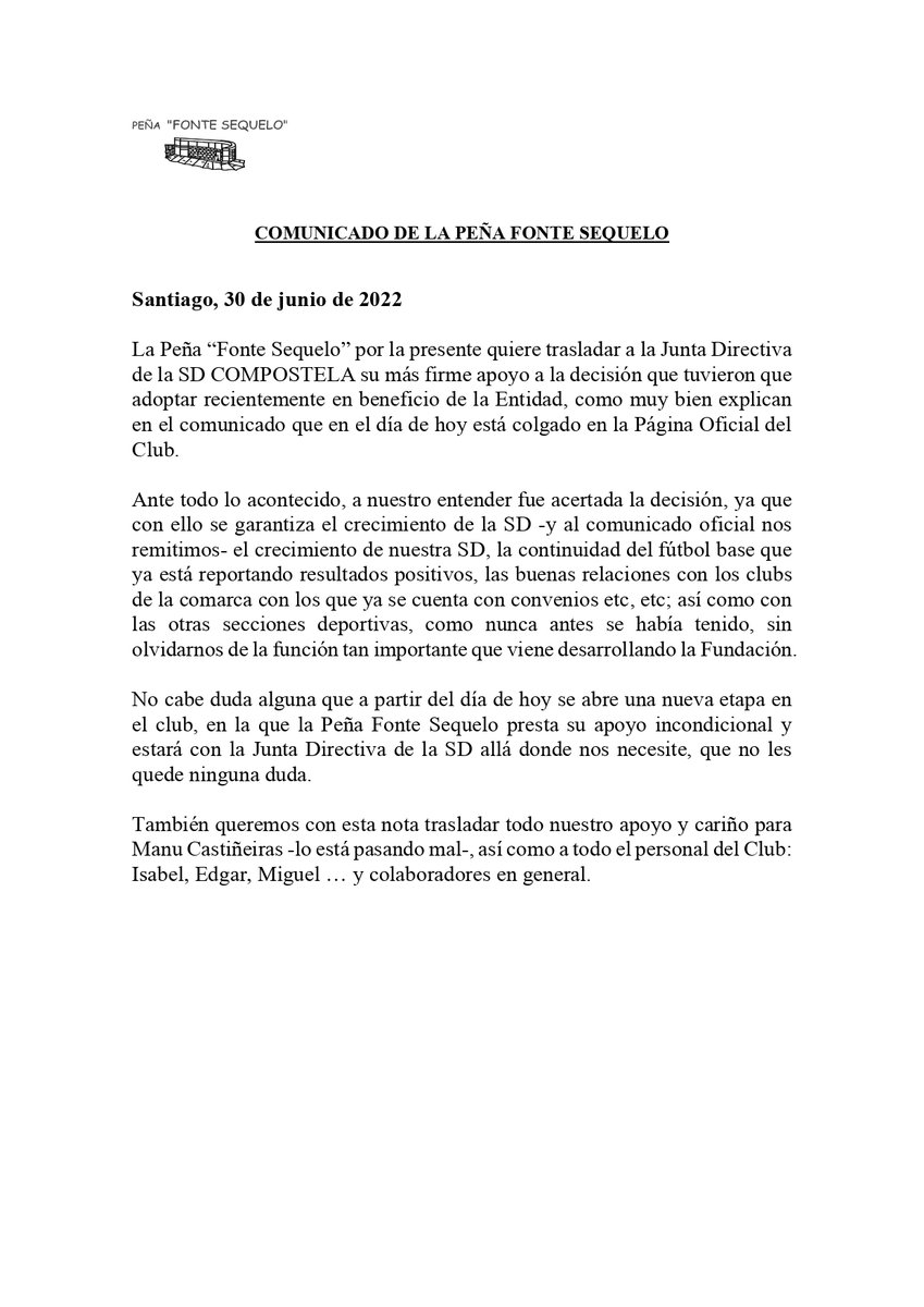 👏 Dende a SD Compostela queremos agradecer á 𝐏𝐞𝐧̃𝐚 𝐅𝐨𝐧𝐭𝐞 𝐒𝐞𝐪𝐮𝐞𝐥𝐨 a mensaxe de apoio enviada ao club o pasado venres!!! Seguiremos traballando para conseguir un Compos máis grande!!! Sempre con vós ao noso carón!!!
