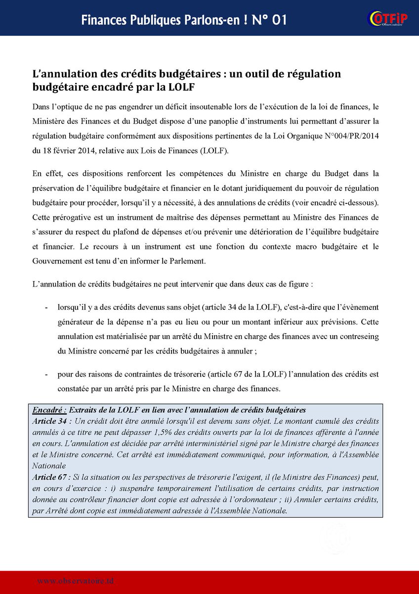 Observatoire_TD's tweet photo. L’annulation des crédits budgétaires : un outil de régulation budgétaire encadré par la LOLF
Lien pour telecharger la LOLF : https://t.co/15CLzeh6Xt
#Tchad #FinancesPubliques. https://t.co/nKNBUj5c4s