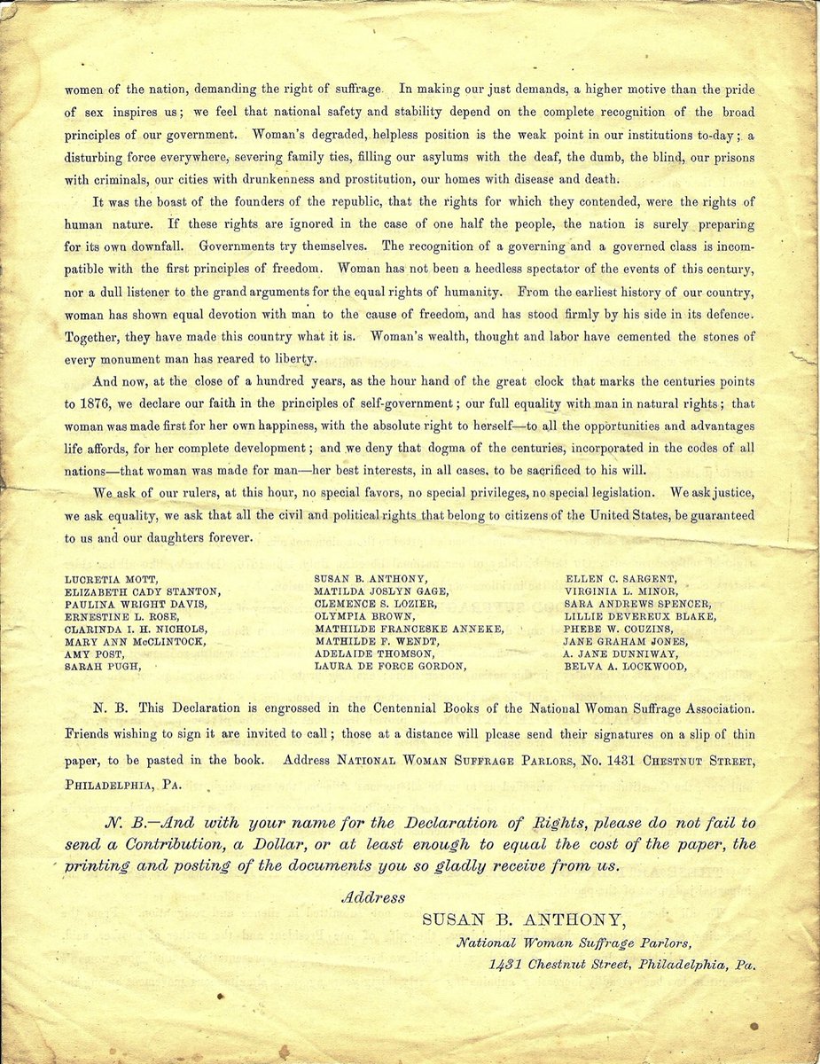 “We ask justice, we ask equality, we ask that all the civil and political rights that belong to citizens of the United States, be guaranteed to us and our daughters forever.”
⁃Edited by Elizabeth Cady Stanton, Susan B. Anthony and Matilda Joslyn Gage, July 4th 1876